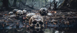 Broken skulls embedded into wet and muddy ground filled with disease and plague; pestilence and rotting decay is all that remains, macabre and morbid dark art scene of death.