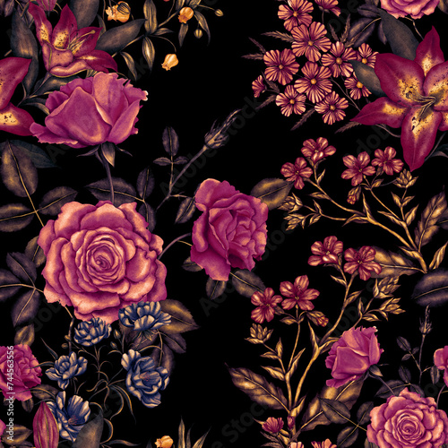 Watercolor seamless pattern with garden flowers. Vintage spring or summer flo...