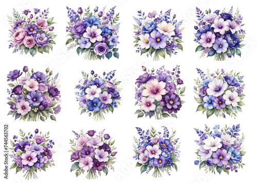 Collection purple violet colored tone of flowers bouquet on white background  watercolor painting style  generative AI