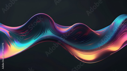 Abstract liquid glass holographic iridescent neon curved wave in motion dark background 3d render. Gradient design element for banners, backgrounds, wallpapers and covers.