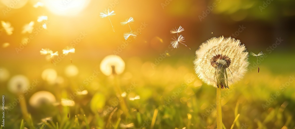 Dandelion flower in field at sunset, wish to freedom Dandelion flower in field at sunset, wish to freedom