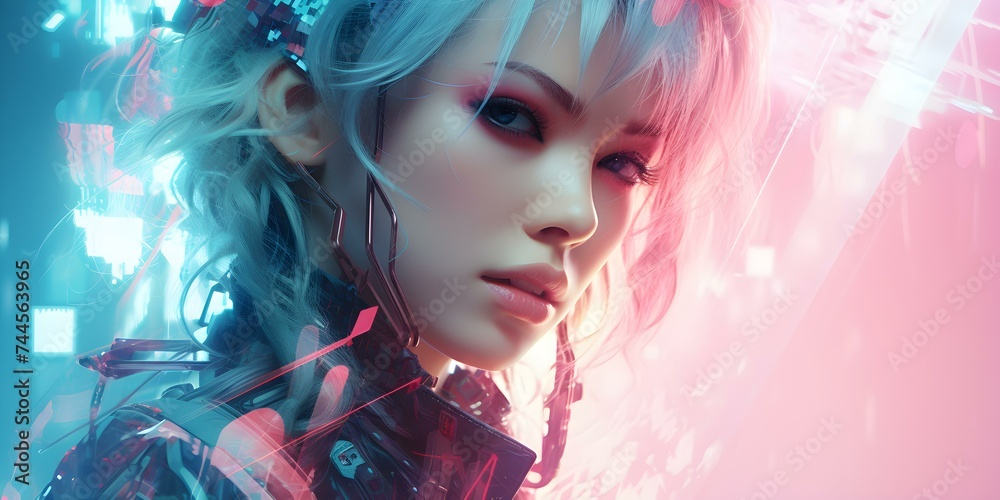 Retro-futuristic cyberpunk design infused with digital glitches in blue, mint, and pink. Concept Cyberpunk Design, Retro-Futuristic Style, Digital Glitches, Blue Color Palette, Mint and Pink Accents