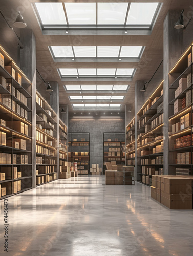 the middle of a store filled with boxes, in the style of dark white and dark silver