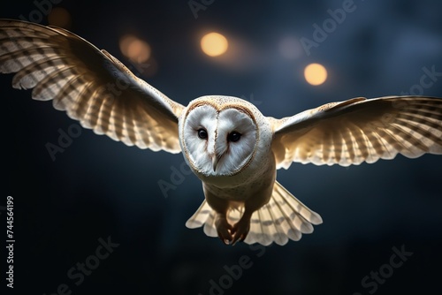 Yellow eyes of a barn owl against a moonlit sky, captured in mid-flight