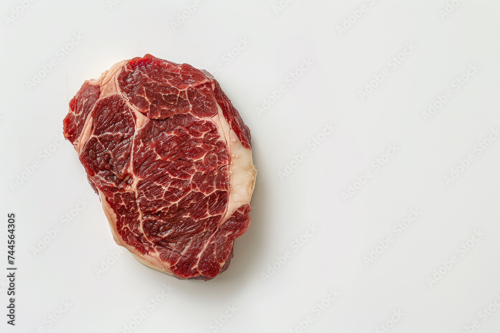 A raw Ribeye steak. Raw meat. White color background, top view. Space for text.