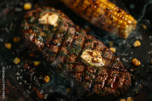 A grilled steak with butter on the top and grilled corn cob. Dark color background, side view