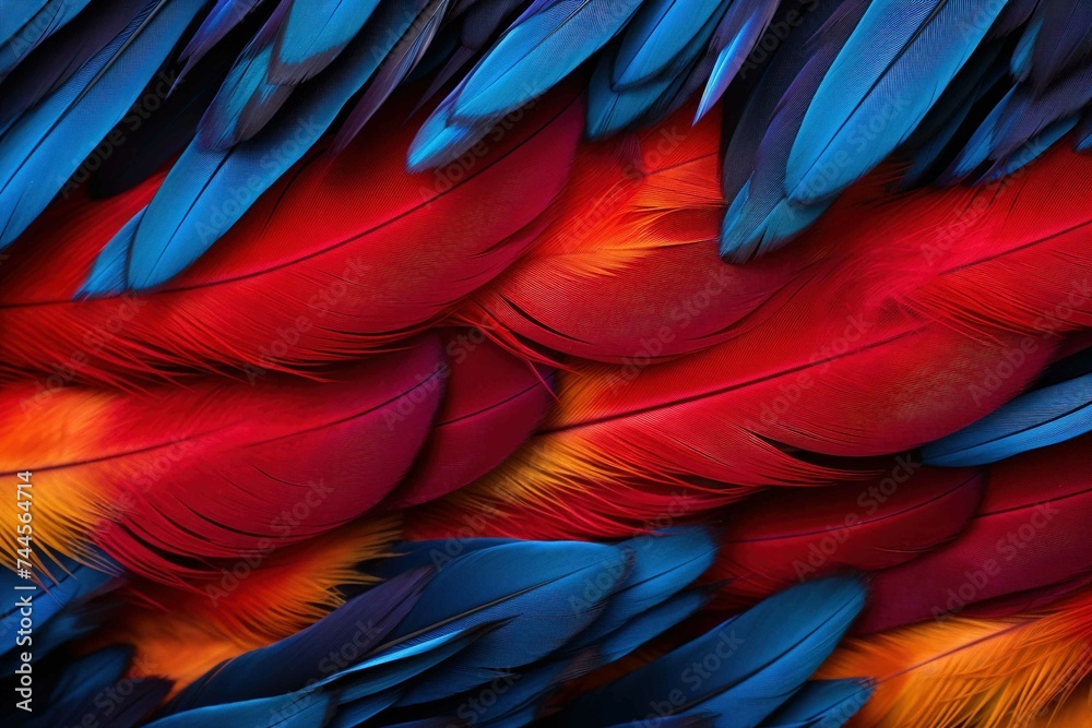 Fototapeta premium Parrot feather featuring vibrant reds, blues, and yellows in detail