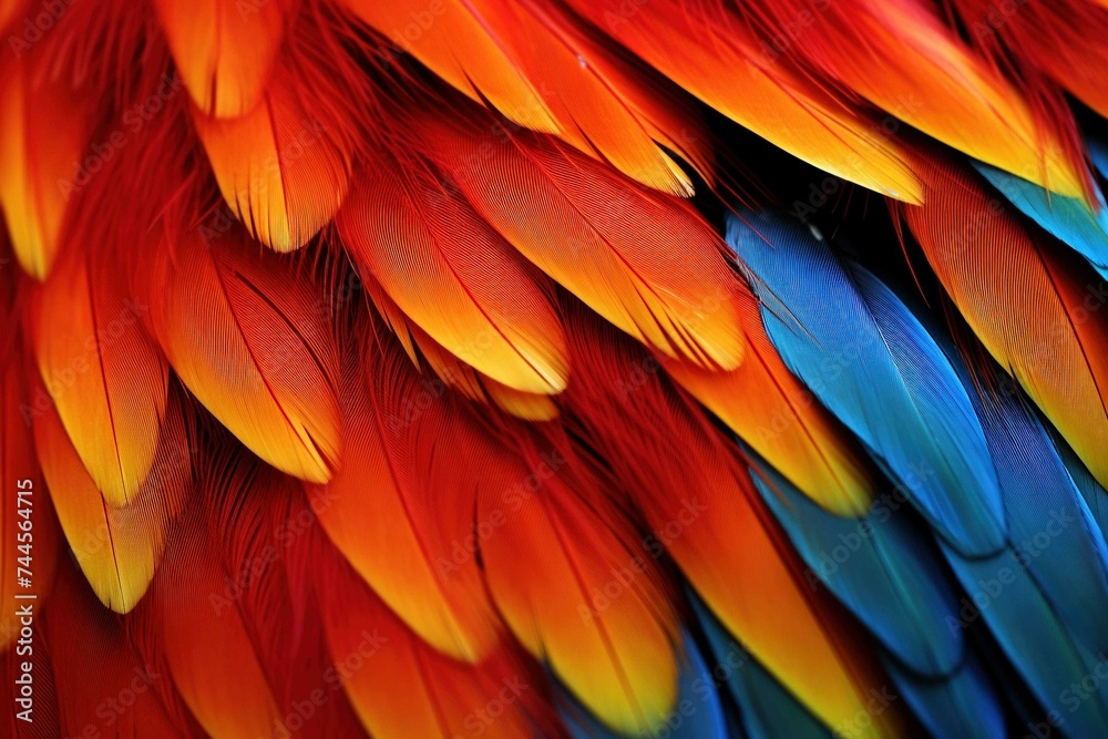 Fototapeta premium Parrot feather featuring vibrant reds, blues, and yellows in detail