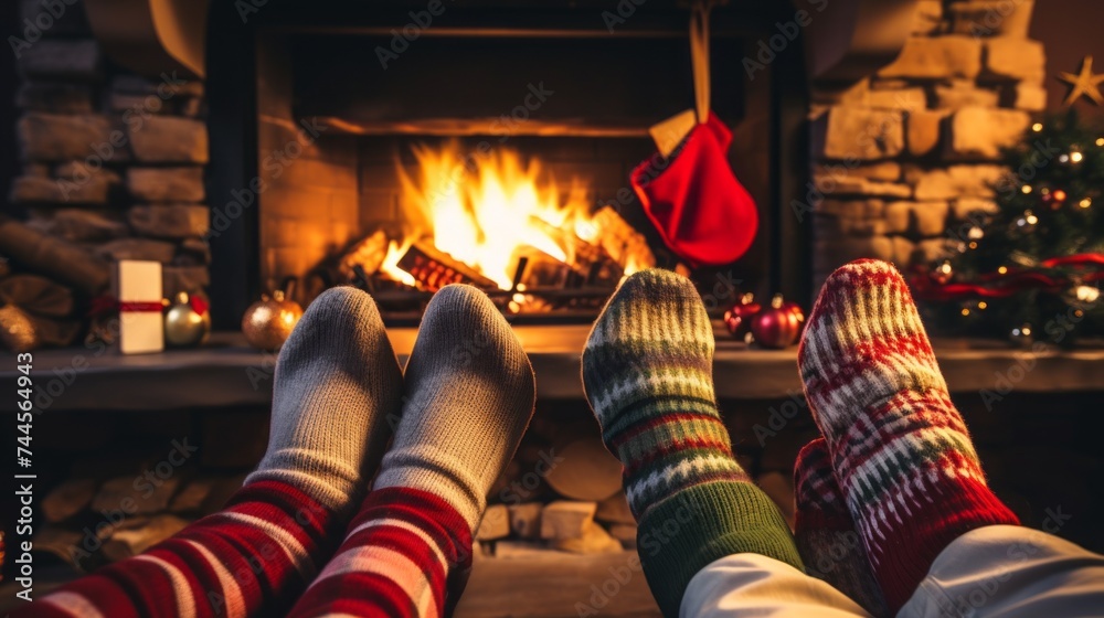 The couple is lying in wool socks, relaxing, warming themselves by the warm fireplace. The concept of winter and Christmas holidays, Travel, Cozy Vacations. - obrazy, fototapety, plakaty 