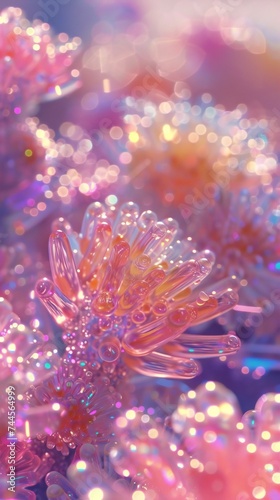 Sparkling Desert Flora: Various desert plants shine brightly, their surfaces covered in glimmering particles.