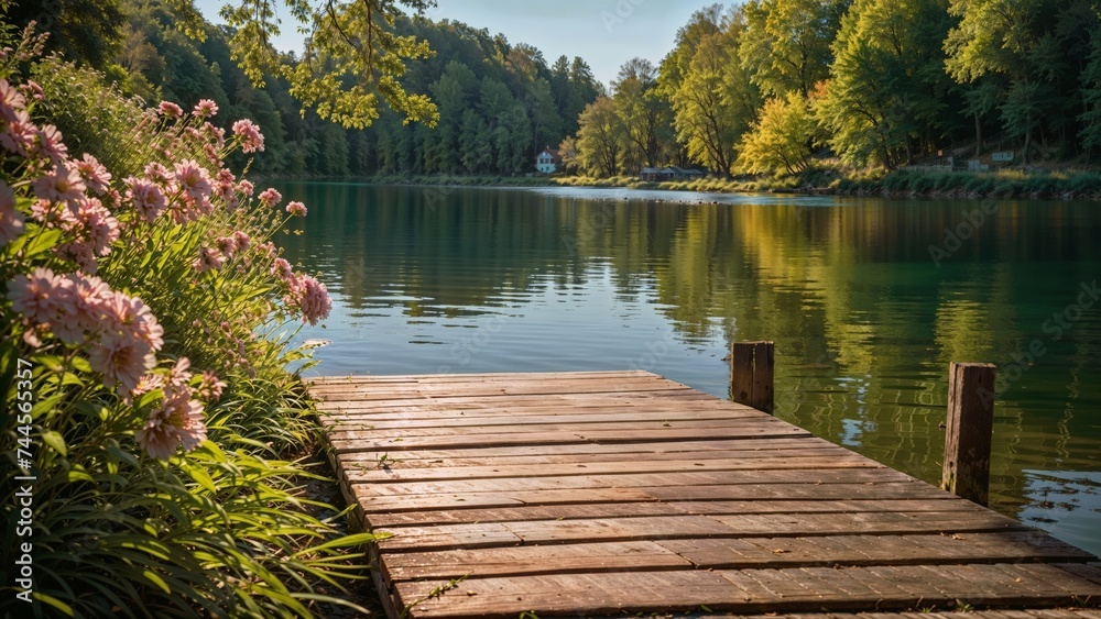 A wooden pier on the lake in a beautiful summer garden with flowers. Nature backgrounds, for photo manipulation, product display background A wooden pier on the lake in a beautiful summer garden with flowers. Nature backgrounds, for photo manipulation, product display background