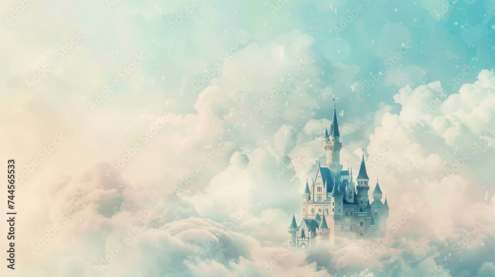 Fototapeta premium Dreamy scene of a fantastical castle floating high above the earth, nestled among soft, fluffy clouds in a serene sky.