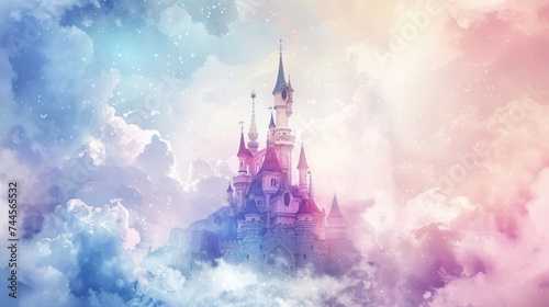 Artistic rendering of a celestial castle perched high amidst dreamy pastel clouds, sprinkled with stardust, radiating an aura of fantasy and serenity.