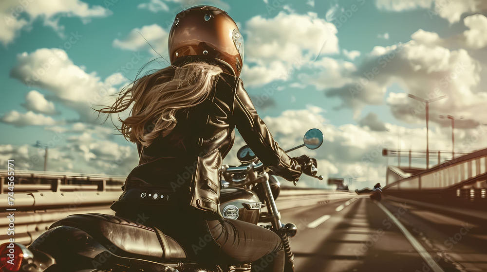 Fototapeta premium Female Motorcyclist Riding on Sunny Highway