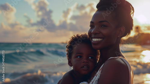 Mother Woman And Child Baby on Beach Beach Concept photo