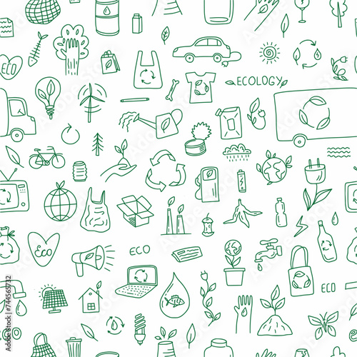Vector pattern from a collection of environmental symbols of renewable energy and waste recycling, hand-drawn in the style of doodles