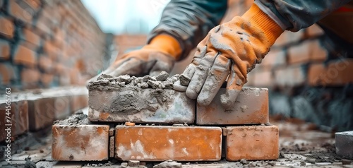 professional construction worker laying bricks and building barbecue in industrial site. Detail of hand adjusting bricks