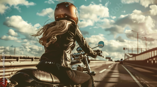 Female Motorcyclist Riding on Sunny Highway photo