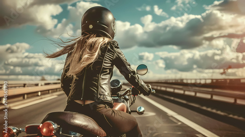 Female Motorcyclist Riding on Sunny Highway