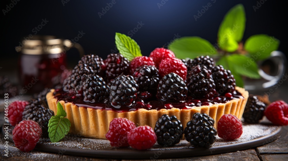 Delicious blackberry pie with juicy berries in flaky crust on white kitchen background Delicious blackberry pie with juicy berries in flaky crust on white kitchen background
