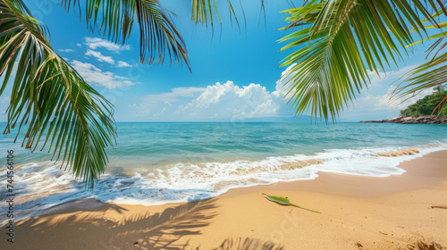 Tropical beach with palm trees during a sunny day A calm and sunny place to rest and dream beach ocean clear clean sand coast beach and tree leaf background