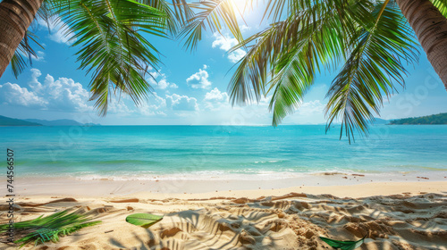 Tropical beach with palm trees during a sunny day A calm and sunny place to rest and dream beach ocean clear clean sand coast beach and tree leaf background © somruethai