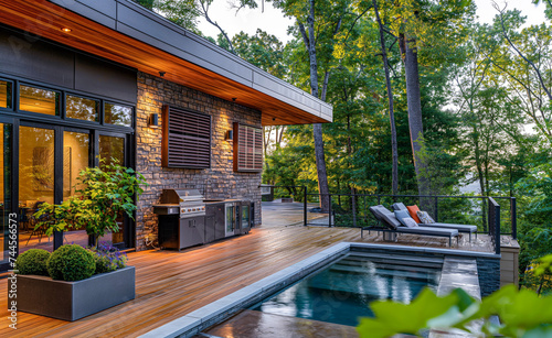 Luxurious Modern Home Exterior with Pool and BBQ Station at Dusk

