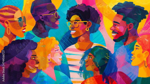 A vibrant illustration depicting diverse individuals coming together in a neighborhood meeting, discussing community care initiatives and support programs photo