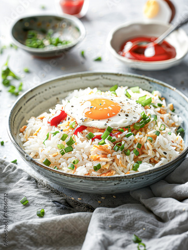 Aromatic bowl of vegetable fried rice garnished with herbs, surrounded by spices and sauces on a rustic table.