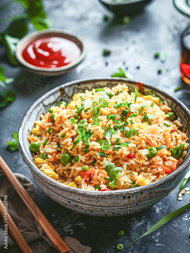 Aromatic bowl of vegetable fried rice garnished with herbs, surrounded by spices and sauces on a rustic table.