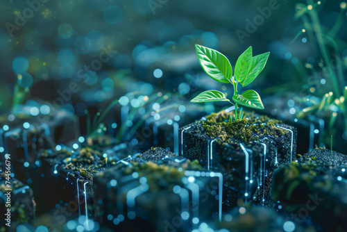 A young plant sprouts from a digital cube, merging nature with technology, symbolizing eco-innovation and green tech. photo