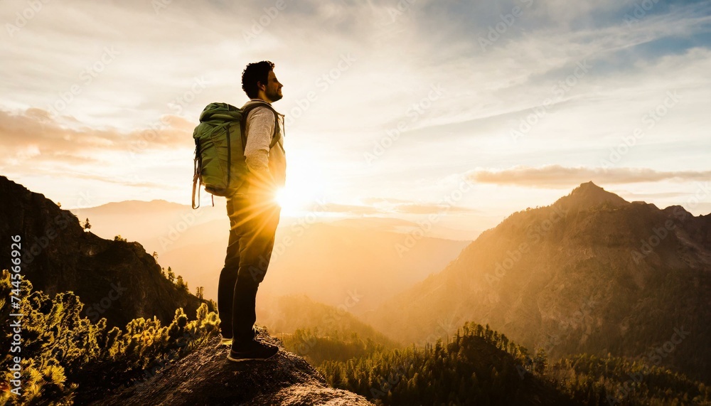 Obraz premium Silhouette of hiker on sunset background, looking out over landscape