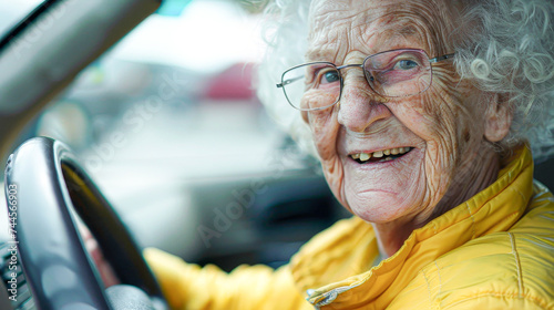 Joyful elderly woman driving, her face lit with a smile, showcasing active aging and independence.