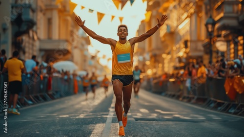 Triumphant male athlete celebrating victory on a city street, Concept of achievement, competition, and the joy of success in sports