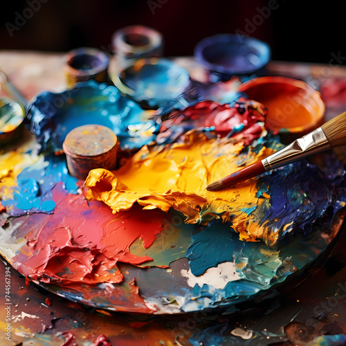 A close-up of an artists palette and brushes.