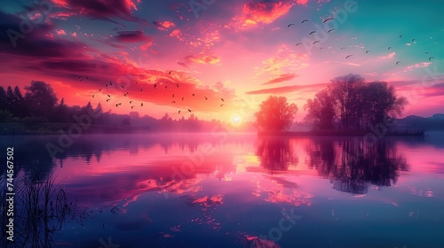 Vibrant sunrise with dramatic sky reflecting on tranquil lake, flock of birds flying, Concept of nature's majesty, peaceful mornings, and picturesque landscapes