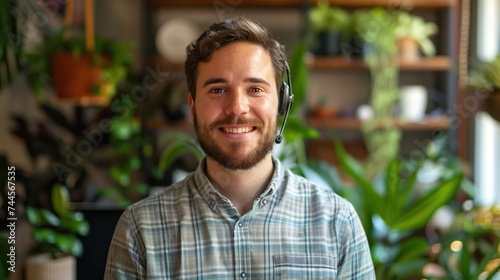 Friendly young man with headset working remotely, surrounded by indoor plants, Concept of home office, telecommuting, and green workspaces