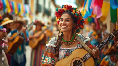 Colorful Mexican woman playing guitar at a festive event representing culture, music, and celebration concept © Suryani