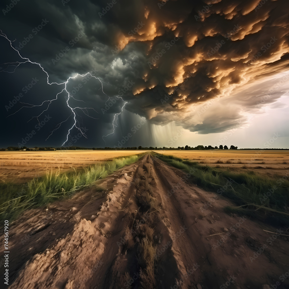 A dramatic thunderstorm over an open field 