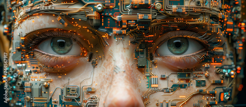 close up of a face of a person, a lady with futuristic computer circuits on her skin