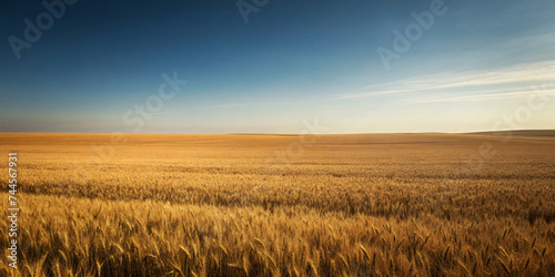 Golden wheat field at sunset with blue sky and fluffy clouds