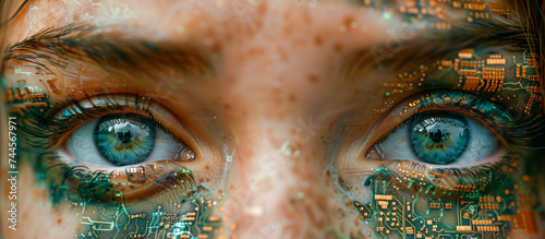 close up of a face of a person, a lady with futuristic computer circuits on her skin