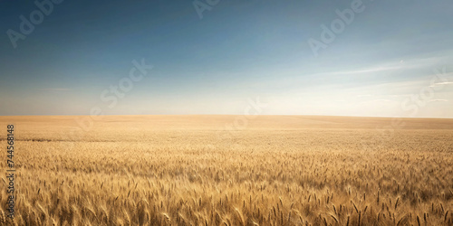 Golden wheat field at sunset under a blue sky, portraying the beauty of rural agriculture amidst a serene summer landscape
