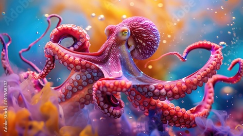 Vibrant octopus in underwater scene with dynamic tentacles, Concept of marine life, underwater beauty, and ocean fantasy