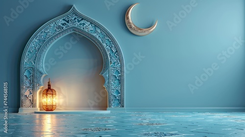 Fototapeta Modern 3D greeting card Islamic holiday banner suitable for Ramadan, Raya Hari, Eid al-Adha and Mawlid. Attributes of a mosque, a crescent and a lit lantern on a blue background with empty space
