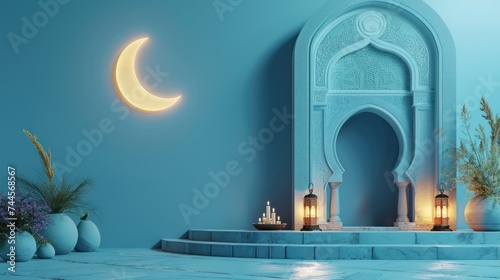 Fototapeta Modern 3D greeting card Islamic holiday banner suitable for Ramadan, Raya Hari, Eid al-Adha and Mawlid. Attributes of a mosque, a crescent and a lit lantern on a blue background with empty space