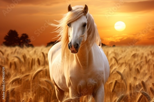 Golden sunset horse in wheat field, studio photography, hyper-realistic stock photo