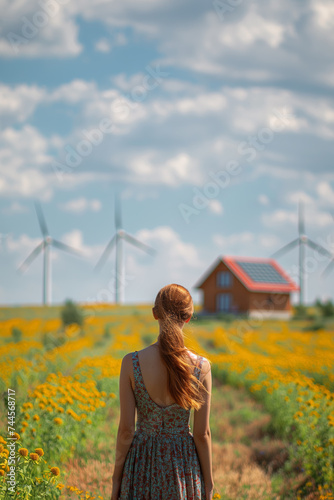 The back view of a young woman as she admires a landscape featuring a house with solar panels and wind turbines, encapsulating hope for a renewable future