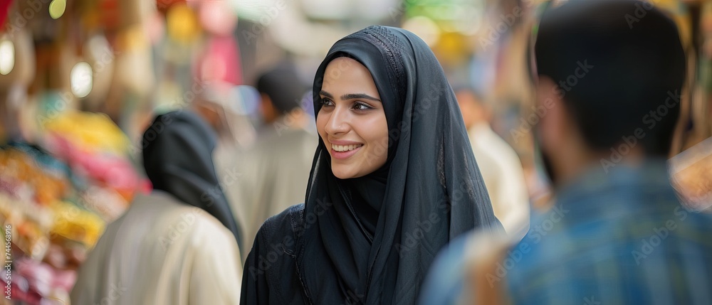 Smiling Saudi woman dressed in abaya shopping at a street market talking to other traders Smiling Saudi woman dressed in abaya shopping at a street market talking to other traders