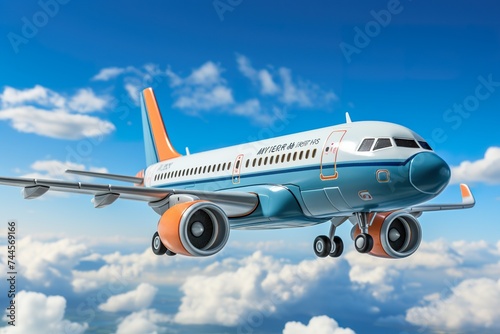 minimalistic design Close up of airplane model with clouds on blue background with copy space